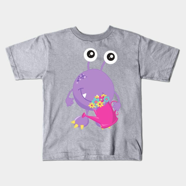 Spring Monster, Colorful Flowers, Purple Monster Kids T-Shirt by Jelena Dunčević